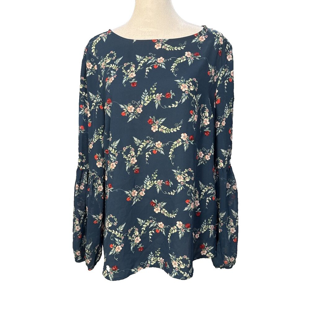 Disney by LC Forest Green w/Floral Blouse Sheer Sleeves LG Sequin Apples Whimsy